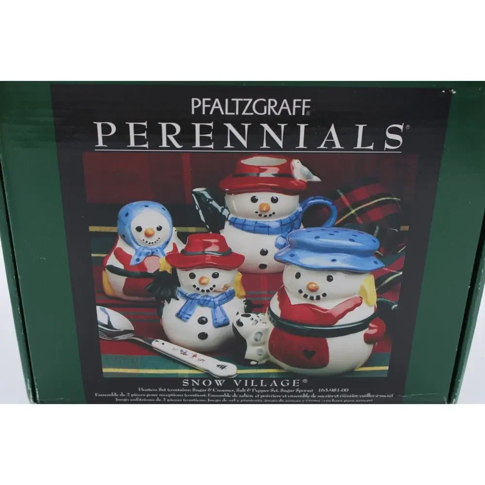 Pfaltzgraff‎ Perennials Snow Village Creamer Sugar Salt Pepper Spoon Snowman Set